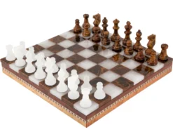 Brown & White Alabaster Chess & Draughts With Inlaid Chest
