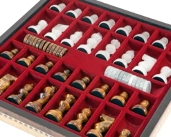 Brown & White Alabaster Chess & Draughts With Inlaid Chest -Board Games - Chess And Cards Shop 14171NS 02