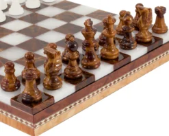 Brown & White Alabaster Chess & Draughts With Inlaid Chest -Board Games - Chess And Cards Shop 14171NS 03