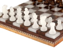 Brown & White Alabaster Chess & Draughts With Inlaid Chest -Board Games - Chess And Cards Shop 14171NS 04