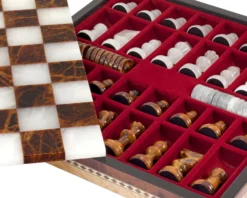 Brown & White Alabaster Chess & Draughts With Inlaid Chest -Board Games - Chess And Cards Shop 14171NS 05