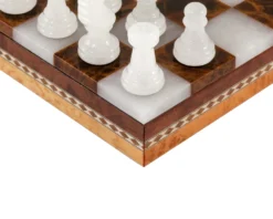 Brown & White Alabaster Chess & Draughts With Inlaid Chest -Board Games - Chess And Cards Shop 14171NS 06