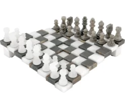 3 Dimensional Grey And White Alabaster Chess Set 9.5 Inches