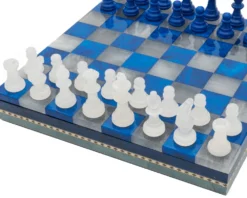 Blue & White Alabaster Chess & Draughts With Inlaid Chest -Board Games - Chess And Cards Shop Blue14171NS 03