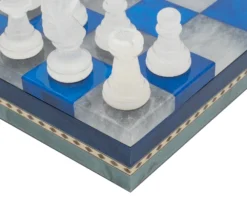 Blue & White Alabaster Chess & Draughts With Inlaid Chest -Board Games - Chess And Cards Shop Blue14171NS 04