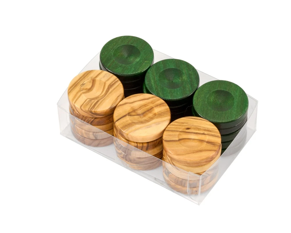 Deluxe Olive Wood Backgammon Stones Natural & Green 36mm 1 Deluxe Olive Wood Backgammon Stones Natural & Green 36mm