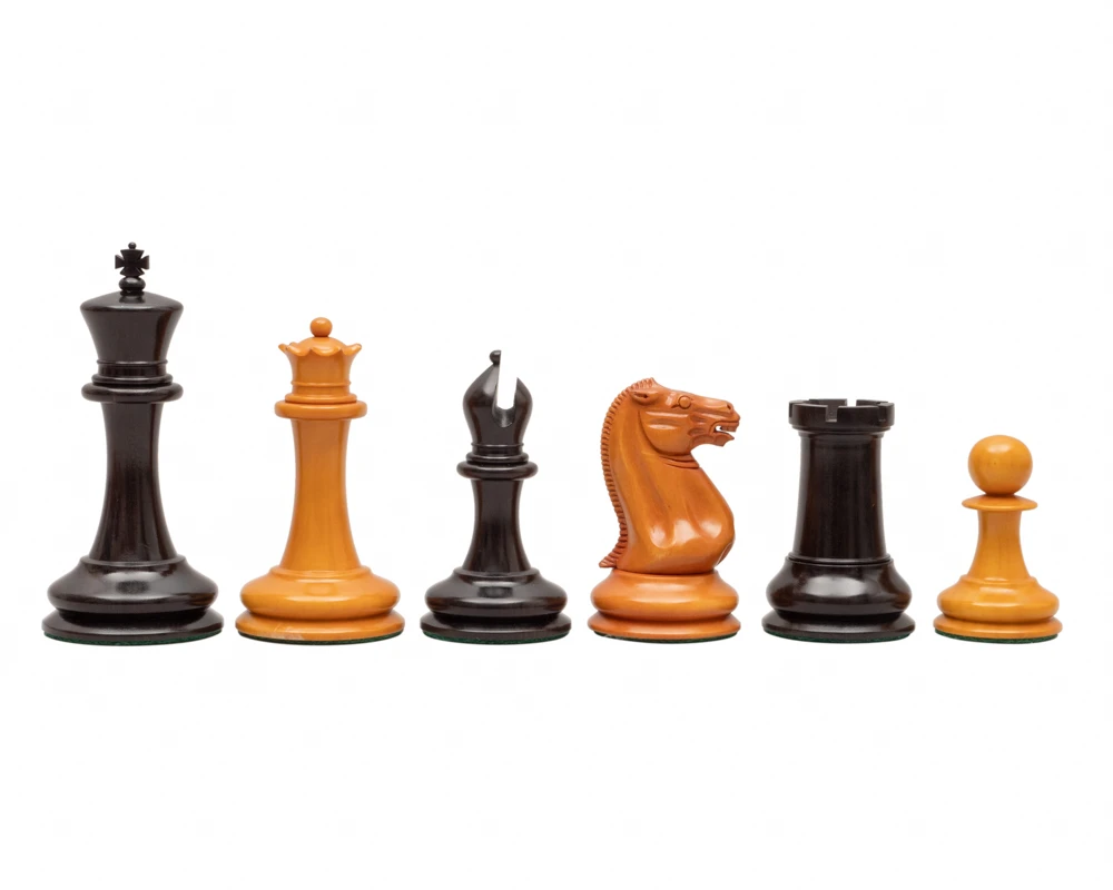 J J Cooke Edition Ebony And Antiqued Boxwood Chessmen 4.4 Inches 1 J J Cooke Edition Ebony And Antiqued Boxwood Chessmen 4.4 Inches